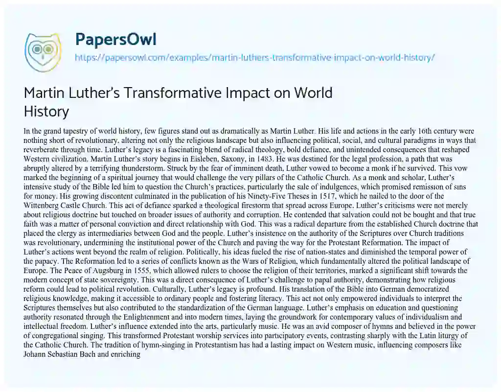 Essay on Martin Luther’s Transformative Impact on World History