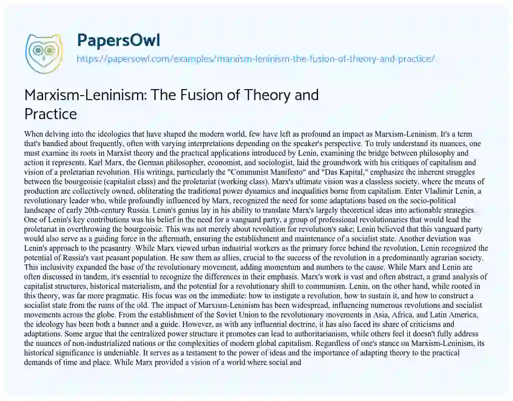 Essay on Marxism-Leninism: the Fusion of Theory and Practice