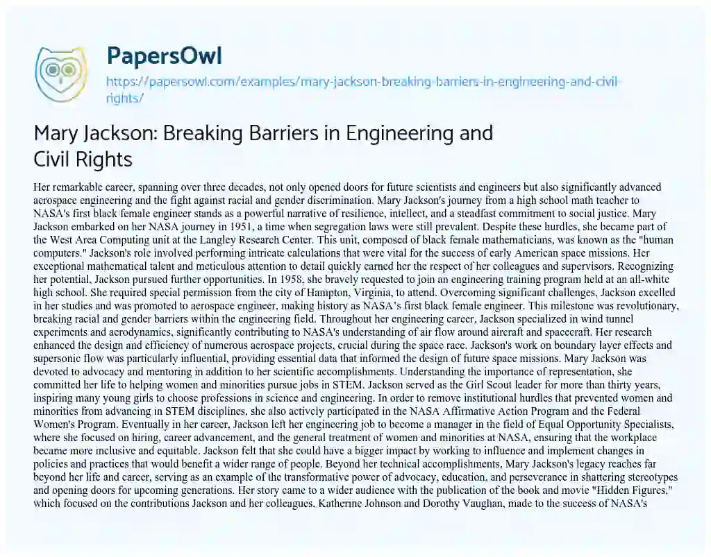 Essay on Mary Jackson: Breaking Barriers in Engineering and Civil Rights