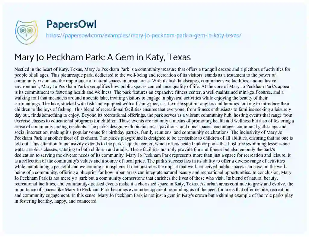 Essay on Mary Jo Peckham Park: a Gem in Katy, Texas