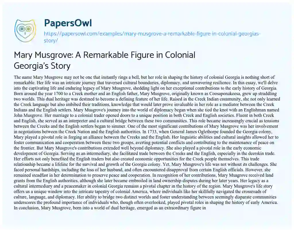 Essay on Mary Musgrove: a Remarkable Figure in Colonial Georgia’s Story