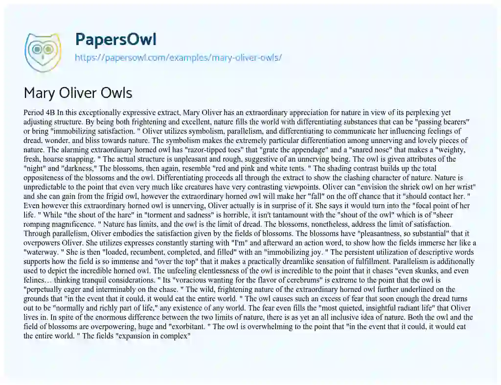 Essay on Mary Oliver Owls