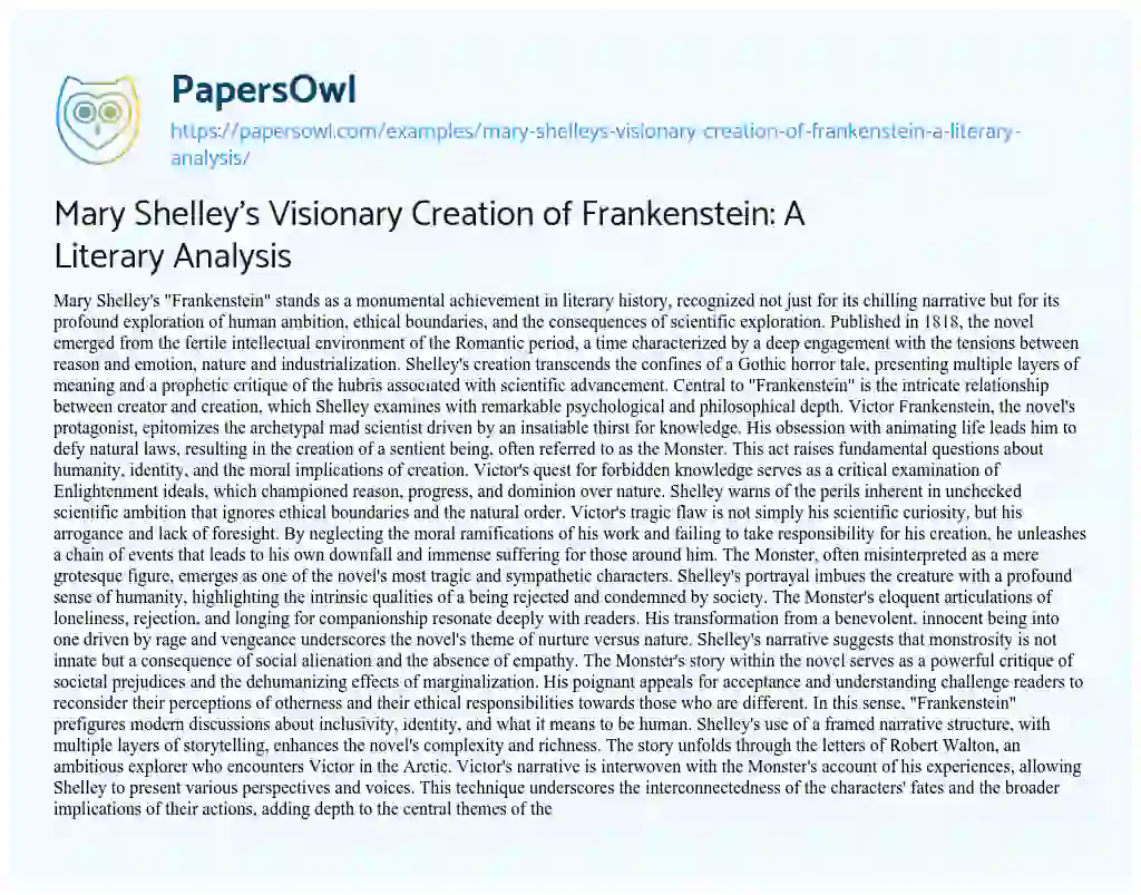 Essay on Mary Shelley’s Visionary Creation of Frankenstein: a Literary Analysis