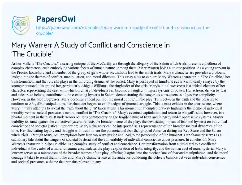 Essay on Mary Warren: a Study of Conflict and Conscience in ‘The Crucible’