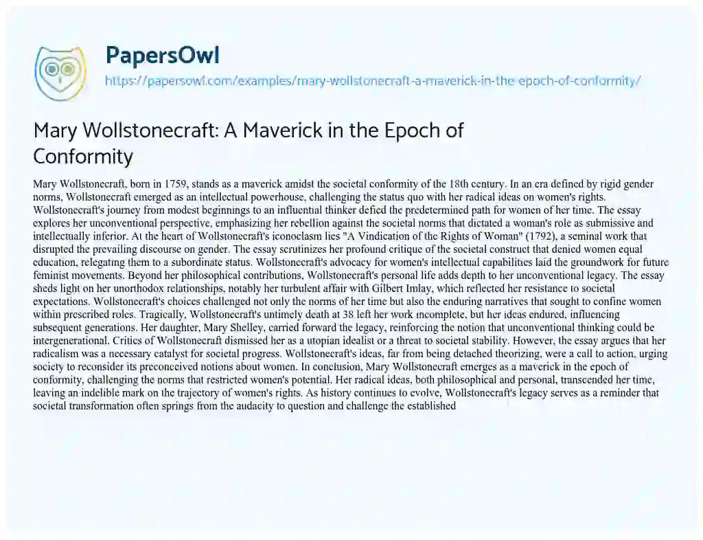 Essay on Mary Wollstonecraft: a Maverick in the Epoch of Conformity