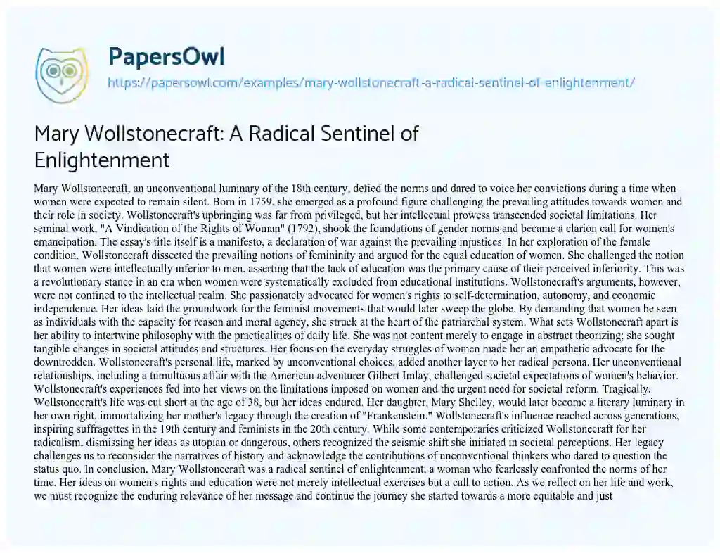 Essay on Mary Wollstonecraft: a Radical Sentinel of Enlightenment