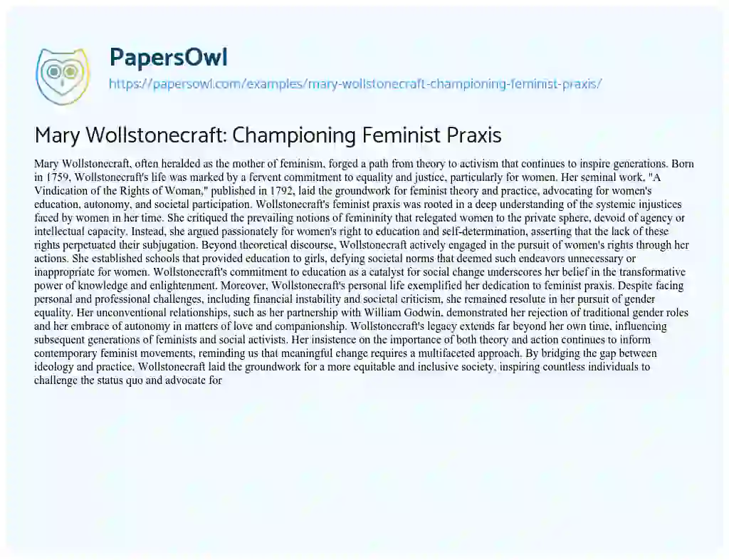 Essay on Mary Wollstonecraft: Championing Feminist Praxis