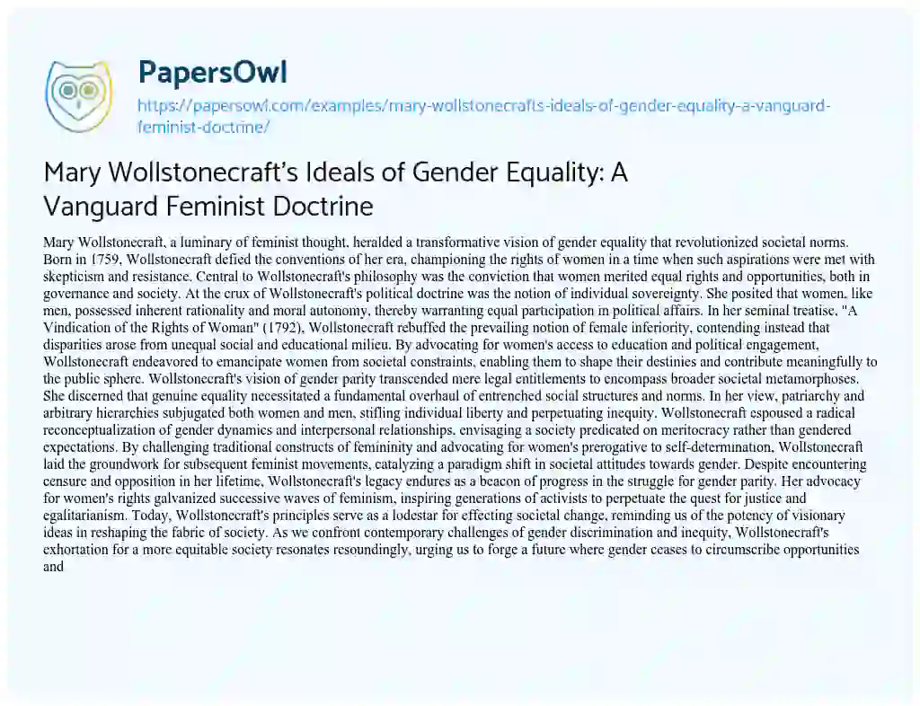 Essay on Mary Wollstonecraft’s Ideals of Gender Equality: a Vanguard Feminist Doctrine