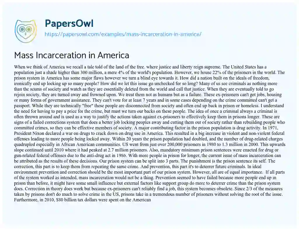 Essay on Mass Incarceration in America