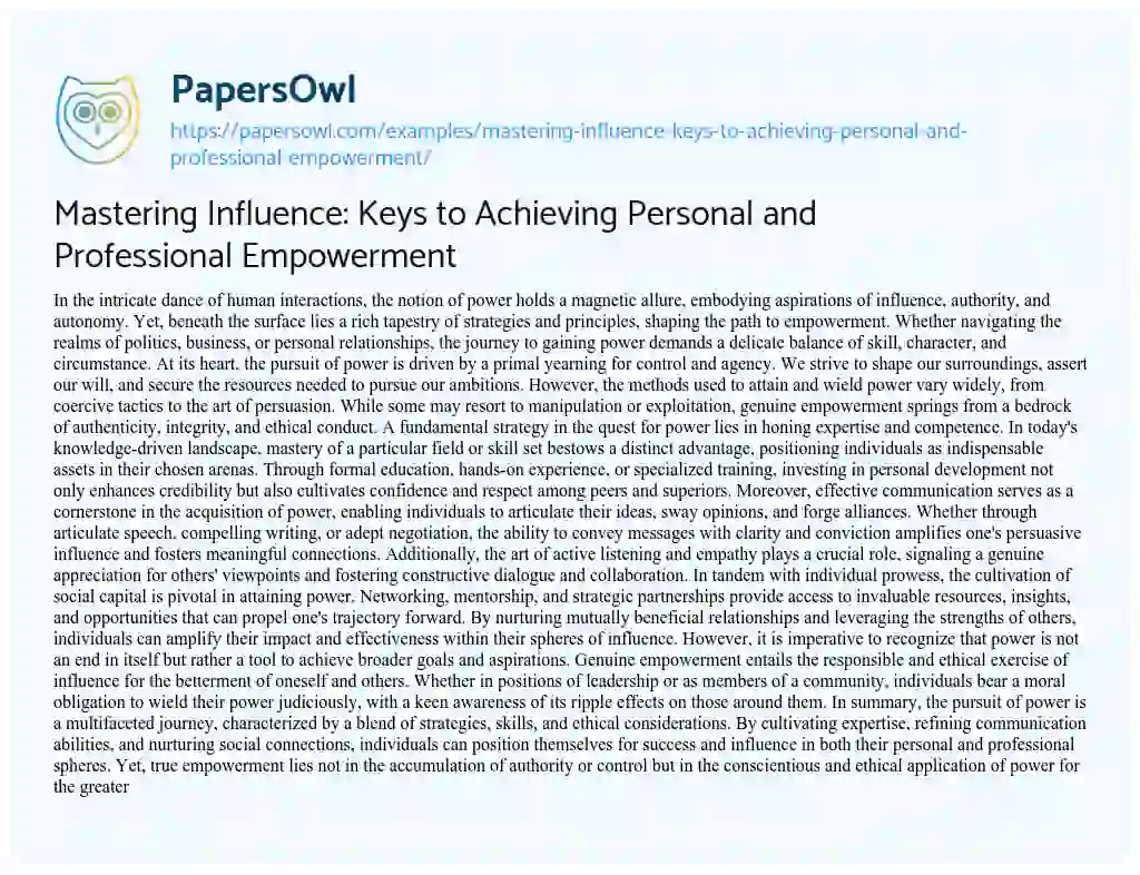 Essay on Mastering Influence: Keys to Achieving Personal and Professional Empowerment