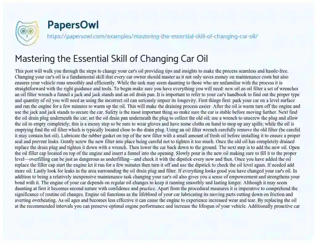 Essay on Mastering the Essential Skill of Changing Car Oil