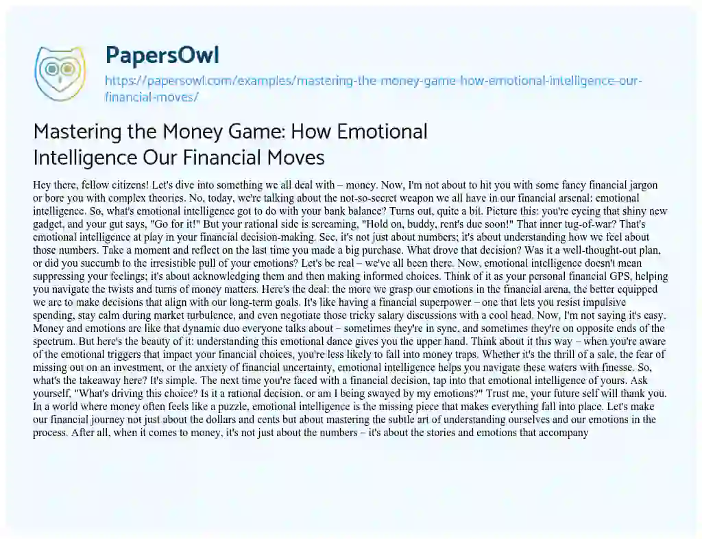Essay on Mastering the Money Game: how Emotional Intelligence our Financial Moves