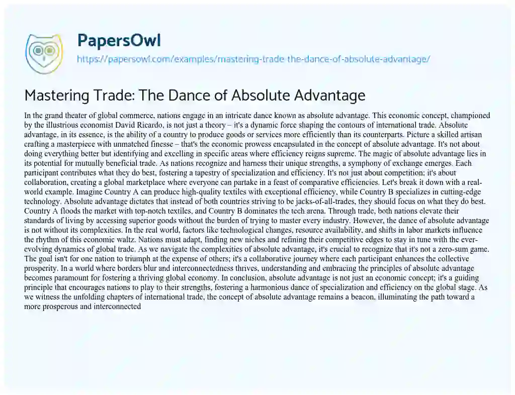Essay on Mastering Trade: the Dance of Absolute Advantage
