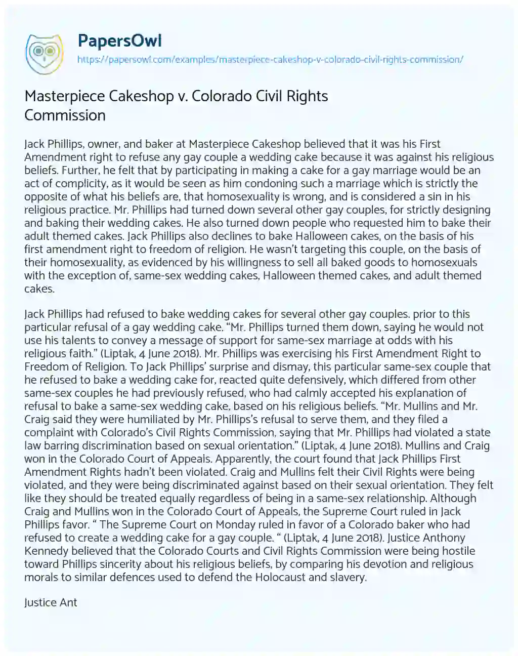 Essay on Masterpiece Cakeshop V. Colorado Civil Rights Commission
