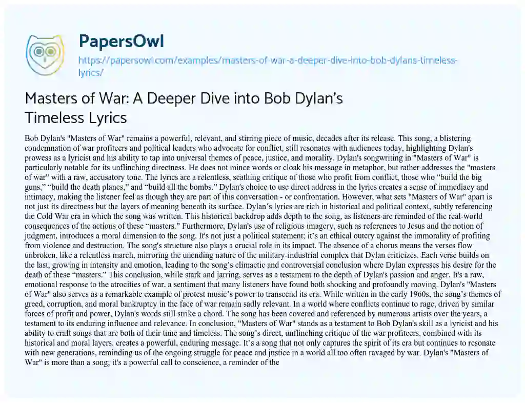 Essay on Masters of War: a Deeper Dive into Bob Dylan’s Timeless Lyrics