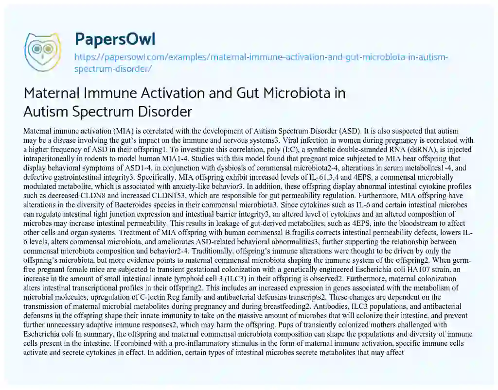Essay on Maternal Immune Activation and Gut Microbiota in Autism Spectrum Disorder