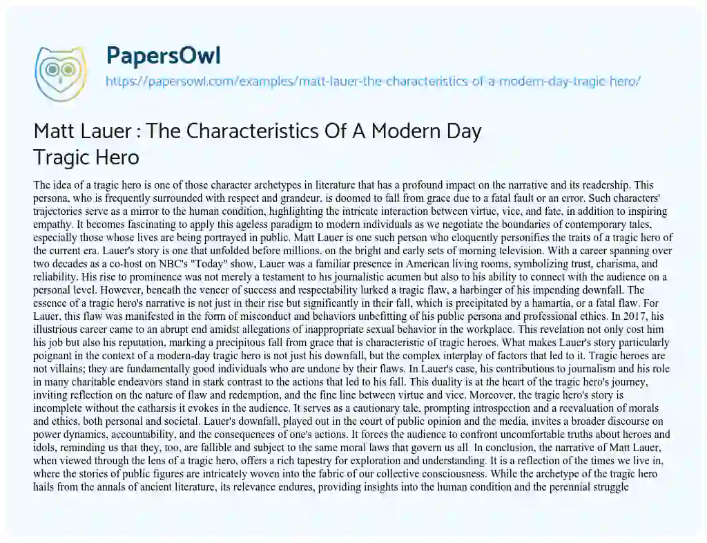 Essay on Matt Lauer : the Characteristics of a Modern Day Tragic Hero