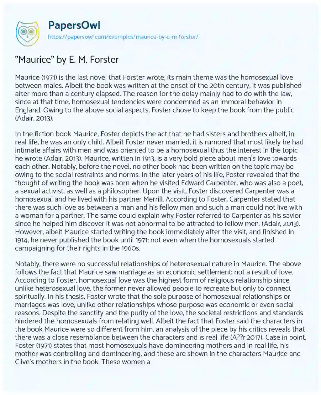 “Maurice” by E. M. Forster essay