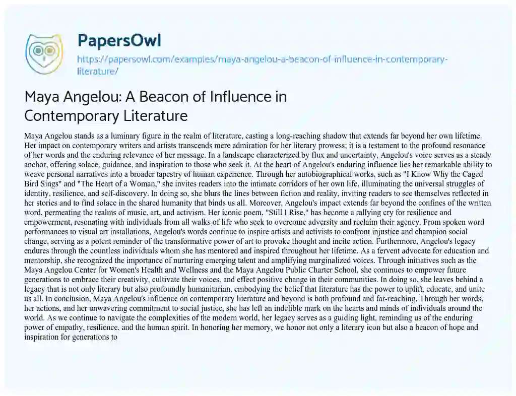 Essay on Maya Angelou: a Beacon of Influence in Contemporary Literature