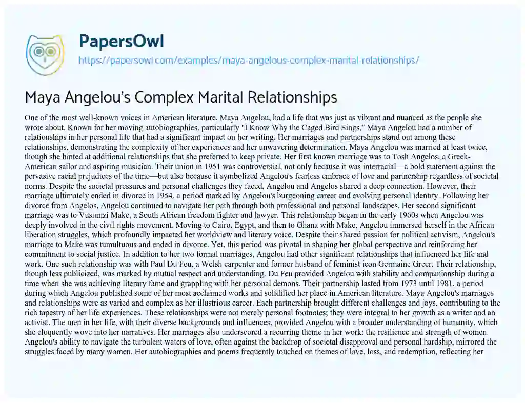 Essay on Maya Angelou’s Complex Marital Relationships