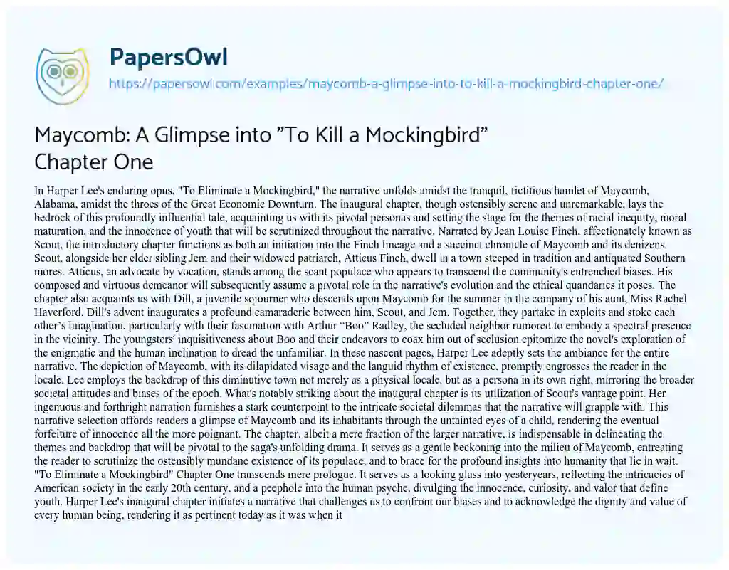 Essay on Maycomb: a Glimpse into “To Kill a Mockingbird” Chapter One