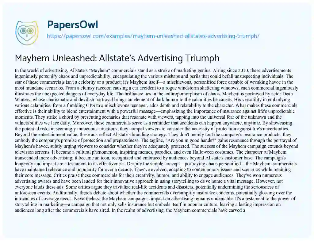 Essay on Mayhem Unleashed: Allstate’s Advertising Triumph