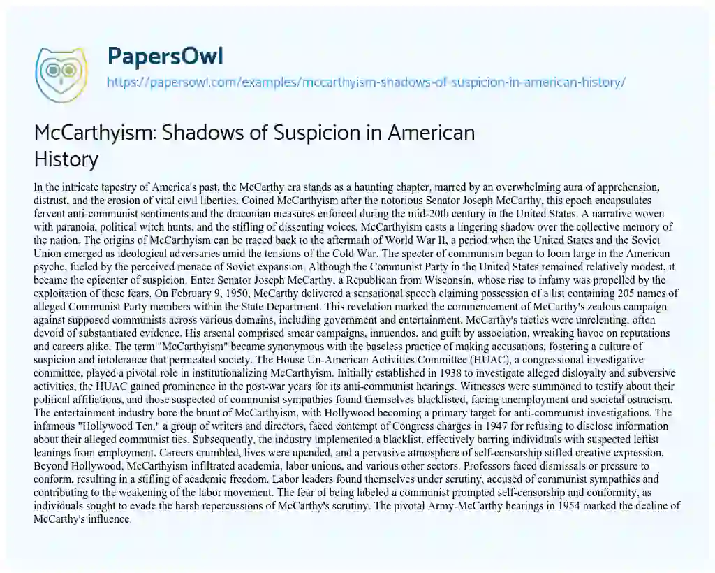 Essay on McCarthyism: Shadows of Suspicion in American History