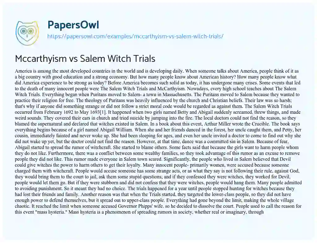 Essay on Mccarthyism Vs Salem Witch Trials