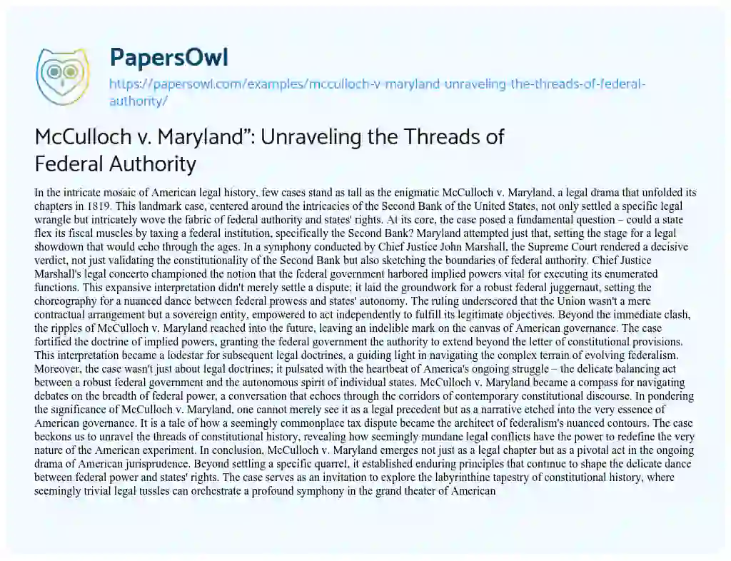 Essay on McCulloch V. Maryland”: Unraveling the Threads of Federal Authority
