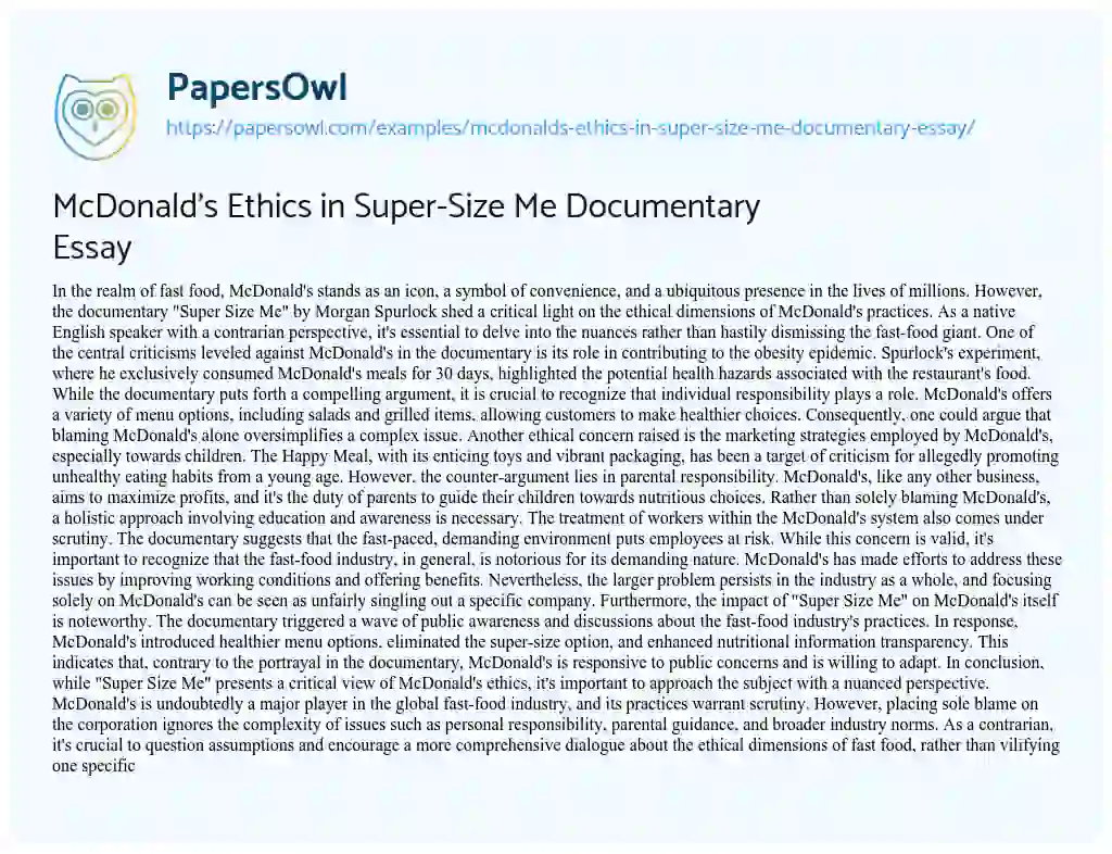 Essay on McDonald’s Ethics in Super-Size me Documentary Essay