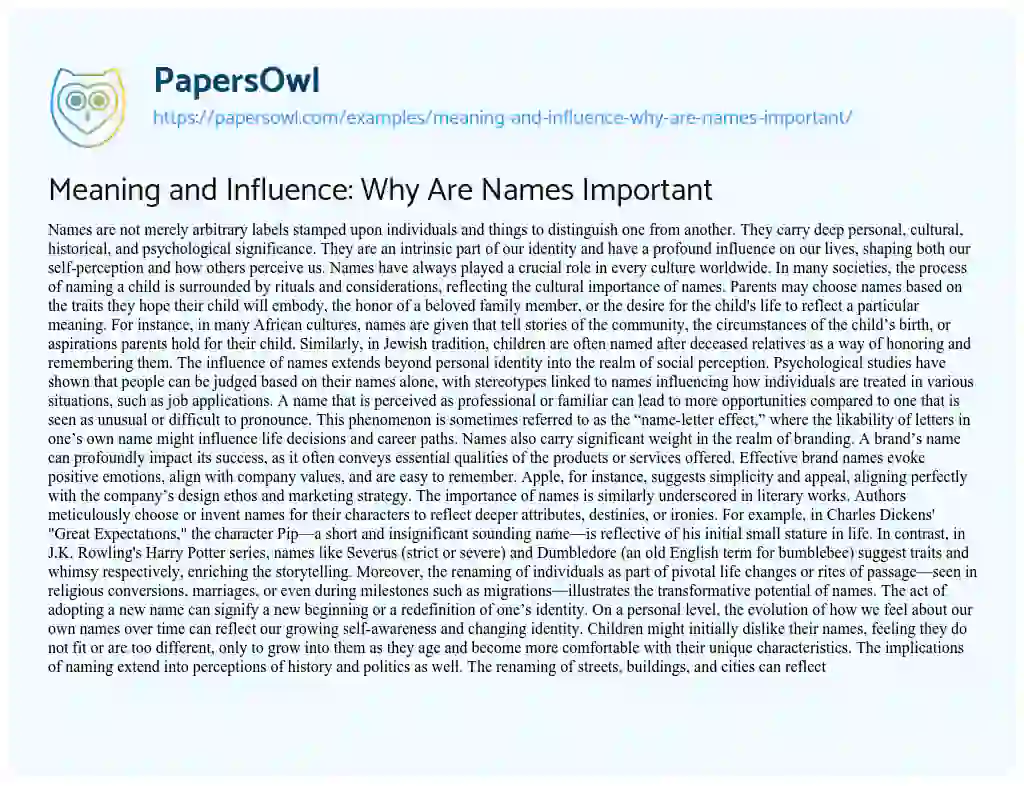 Essay on Meaning and Influence: why are Names Important