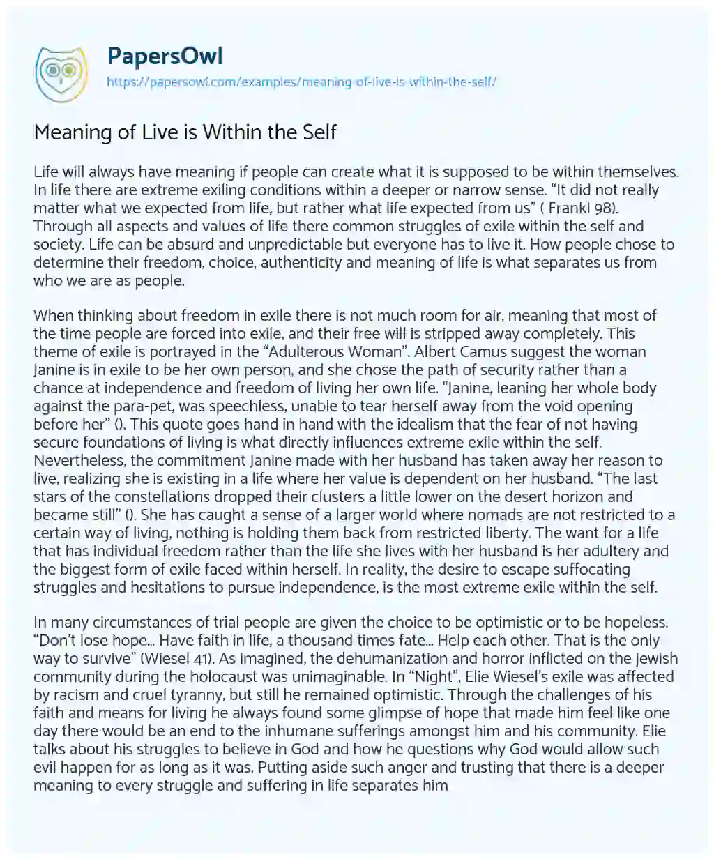 Essay on Meaning of Live is Within the Self