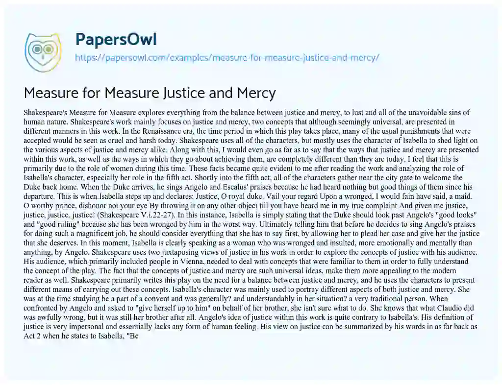 Essay on Measure for Measure Justice and Mercy