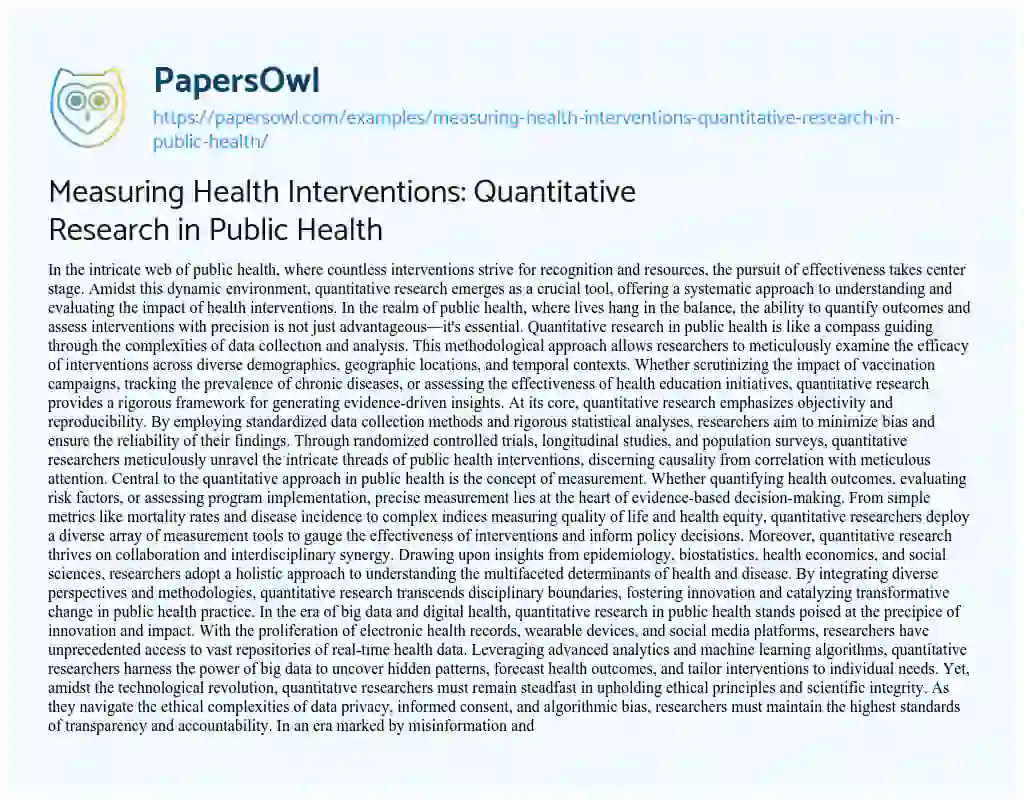 Essay on Measuring Health Interventions: Quantitative Research in Public Health