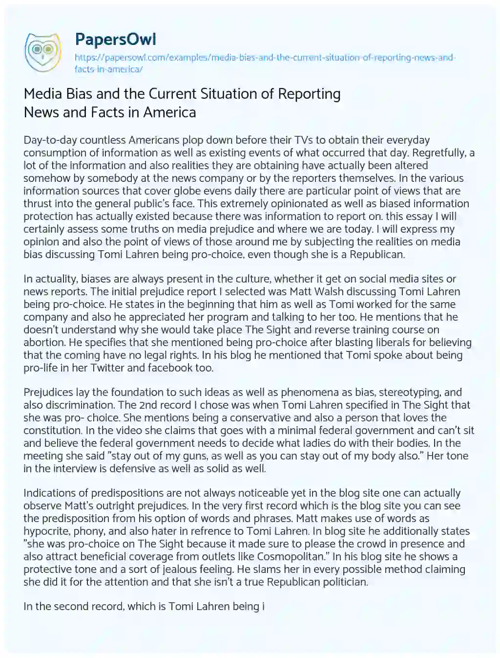 Essay on Media Bias and the Current Situation of Reporting News and Facts in America