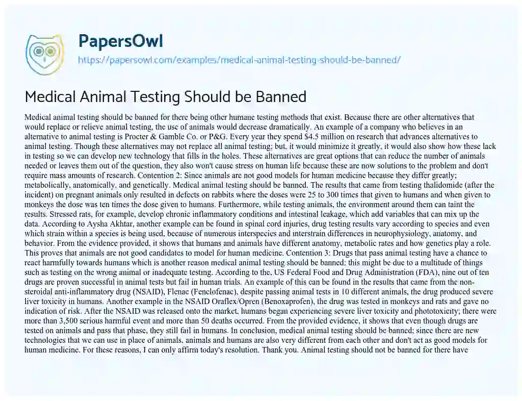 Essay on Medical Animal Testing should be Banned