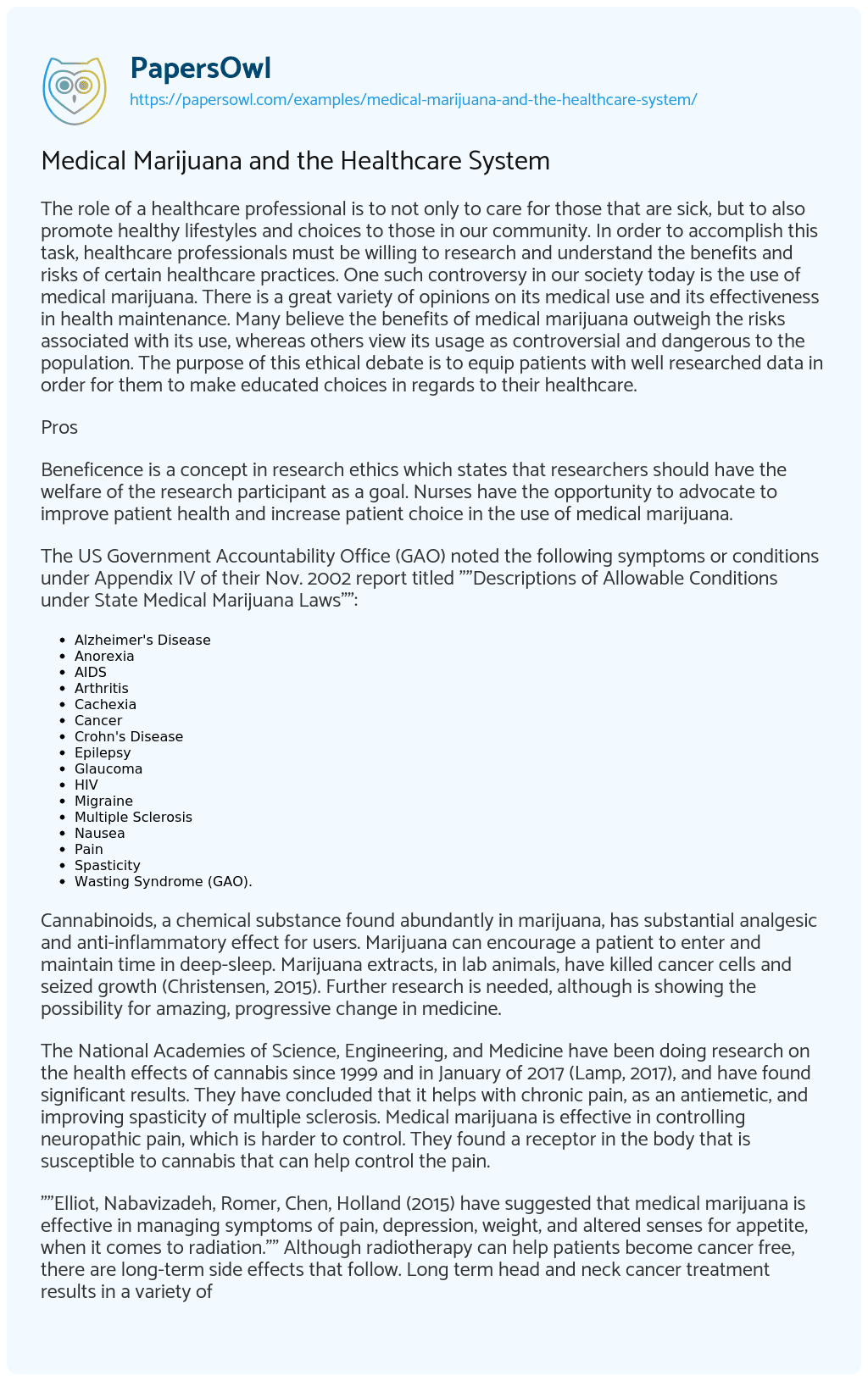 Essay on Medical Marijuana and the Healthcare System