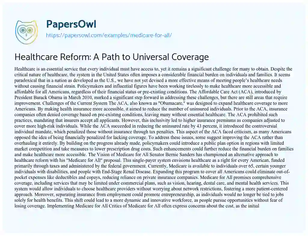 Essay on Medicare for all