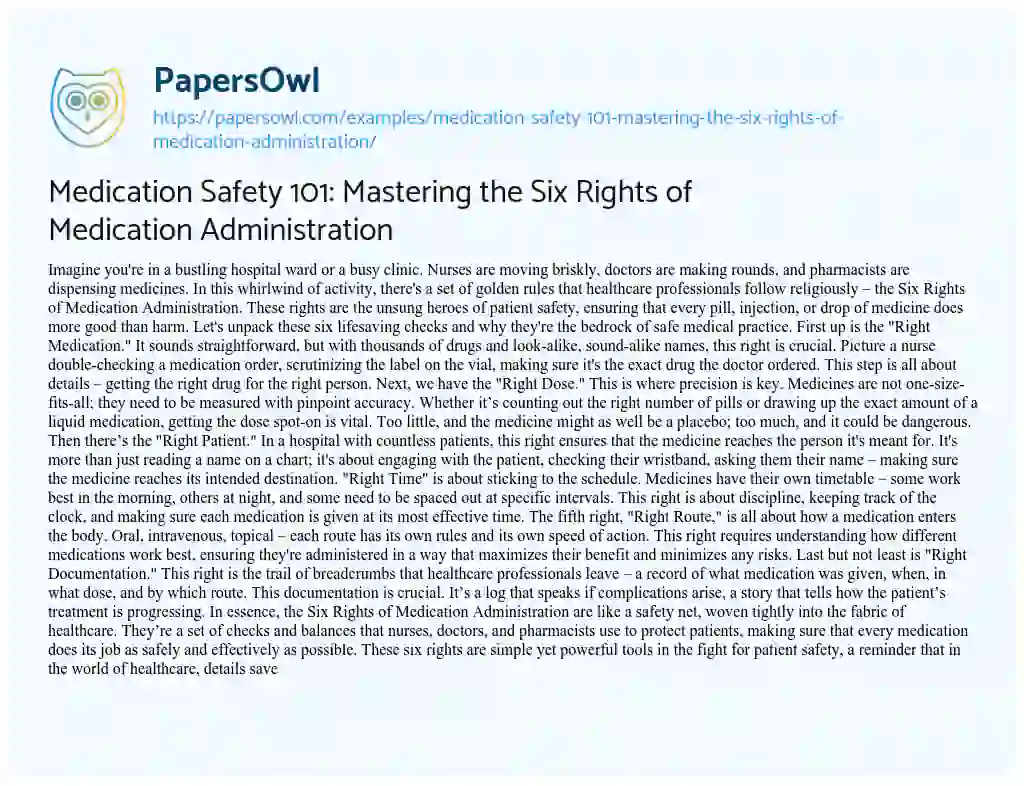 Essay on Medication Safety 101: Mastering the Six Rights of Medication Administration