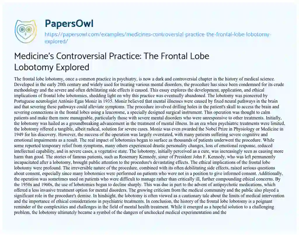 Essay on Medicine’s Controversial Practice: the Frontal Lobe Lobotomy Explored