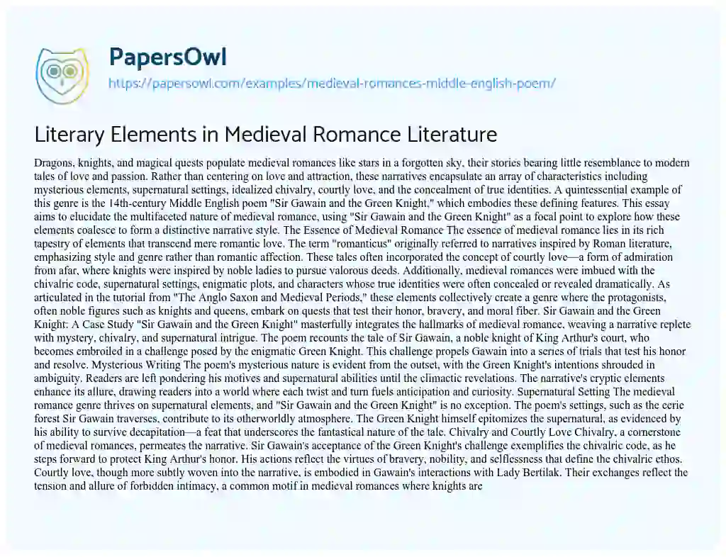 Essay on Medieval Romances – Middle English Poem