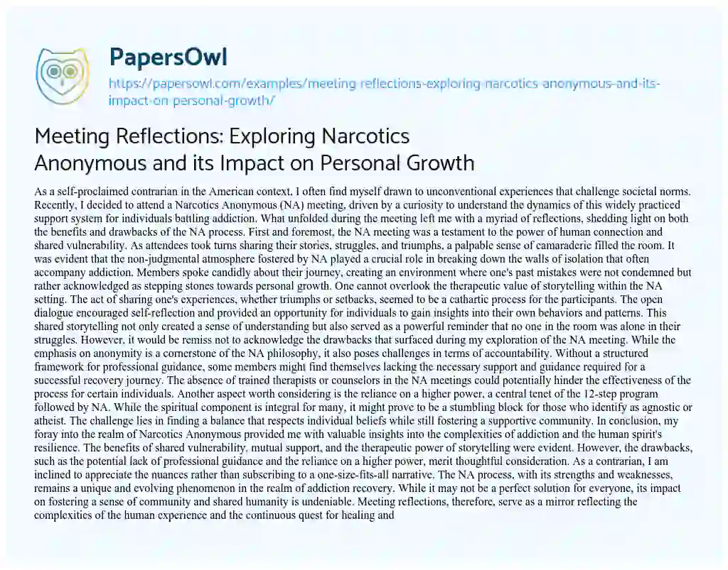 Essay on Meeting Reflections: Exploring Narcotics Anonymous and its Impact on Personal Growth