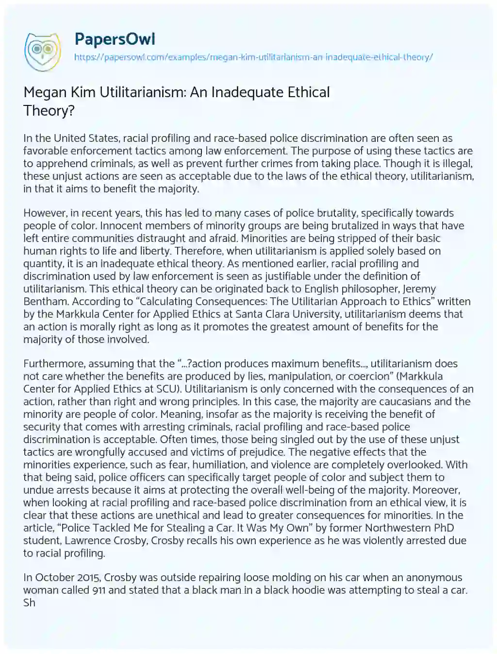 Essay on Megan Kim Utilitarianism: an Inadequate Ethical Theory?