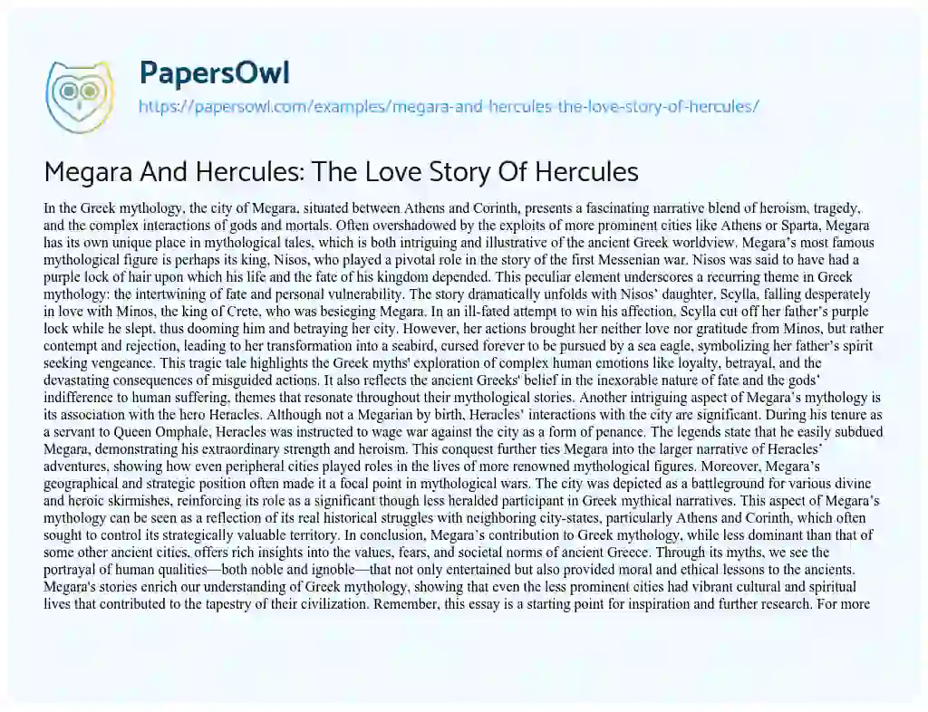 Essay on Megara and Hercules: the Love Story of Hercules