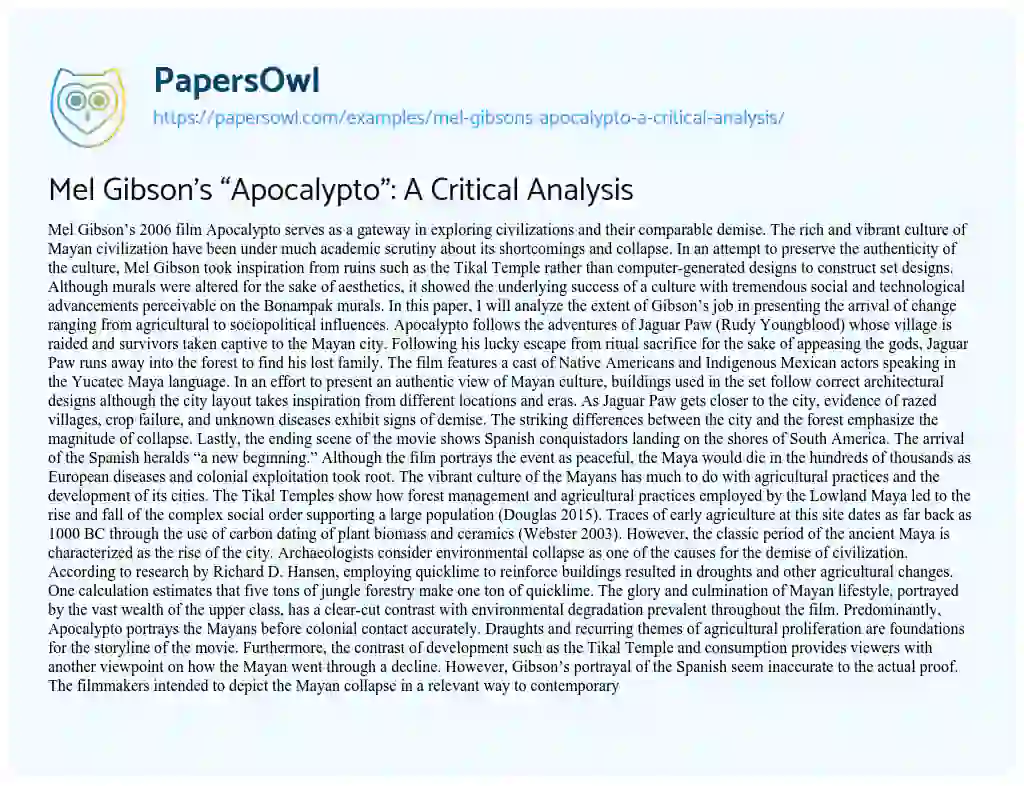 Essay on Mel Gibson’s “Apocalypto”: a Critical Analysis