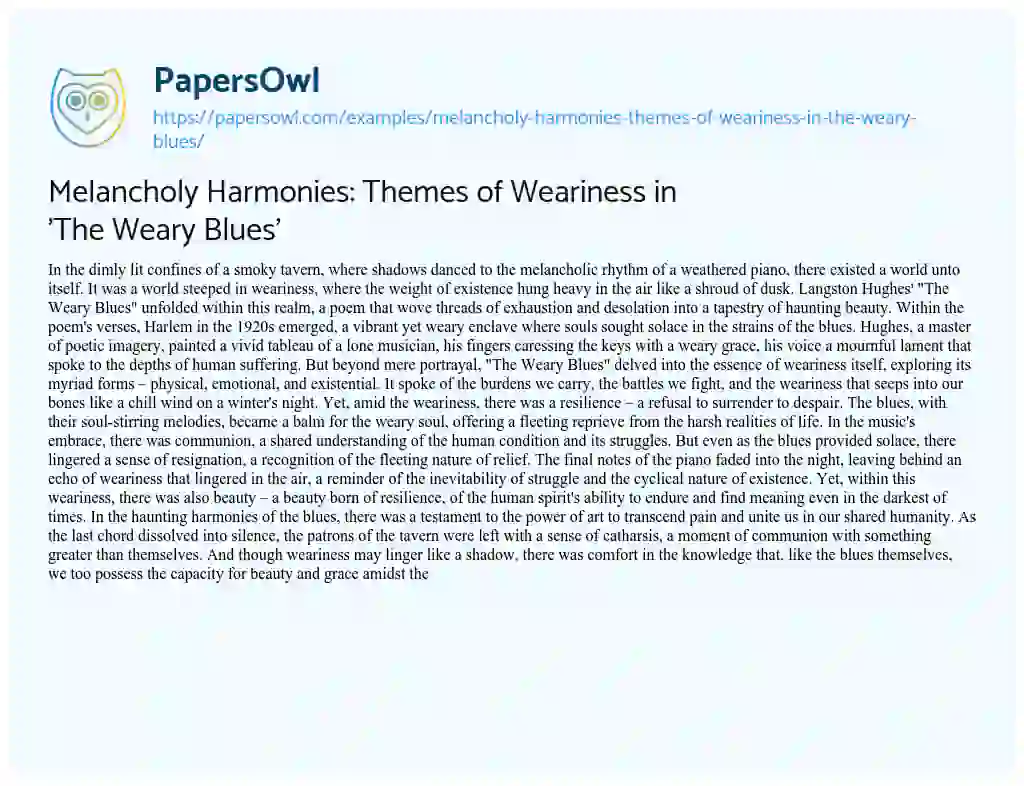 Essay on Melancholy Harmonies: Themes of Weariness in ‘The Weary Blues’