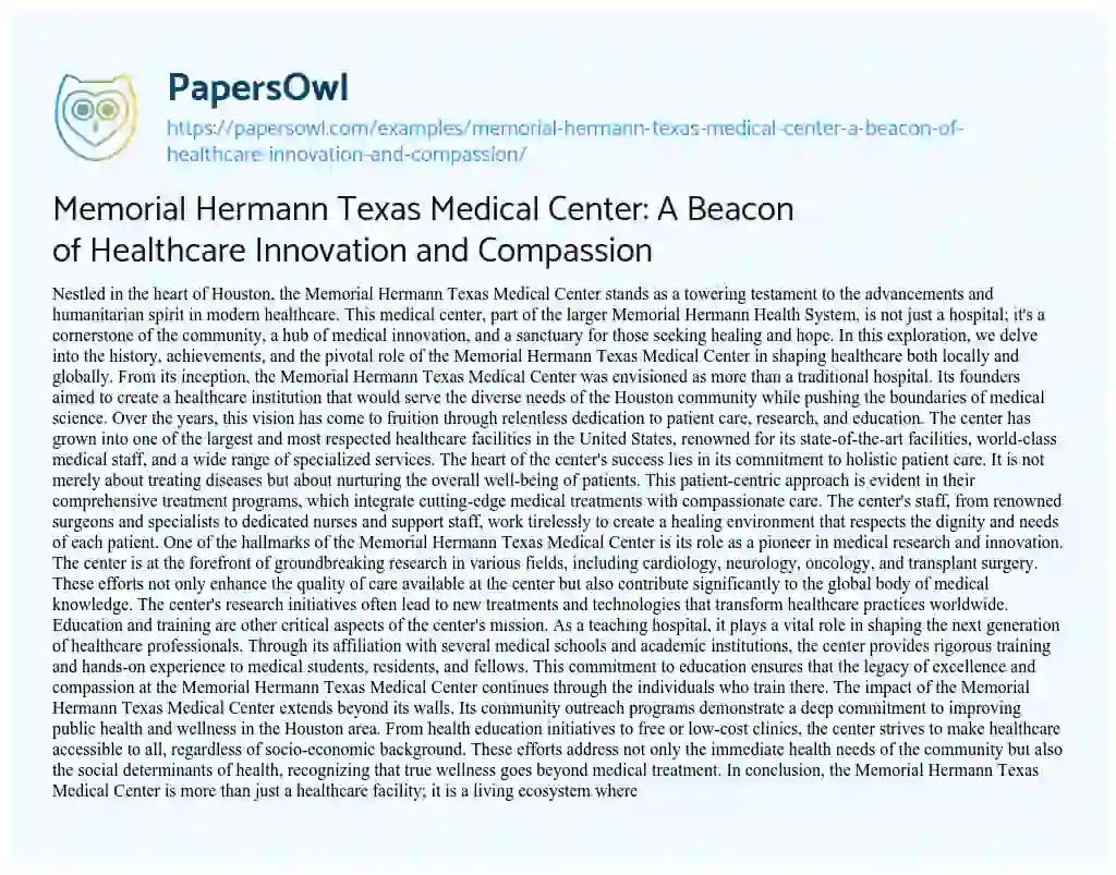 Essay on Memorial Hermann Texas Medical Center: a Beacon of Healthcare Innovation and Compassion