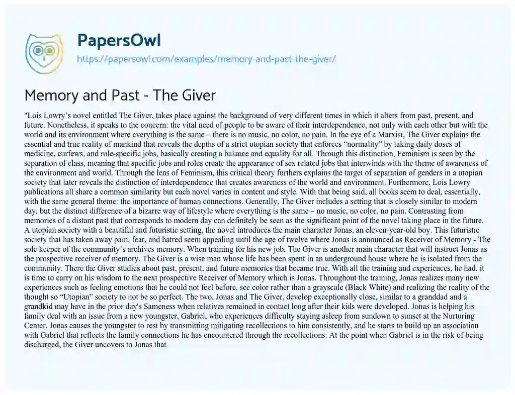 Essay on Memory and Past – the Giver