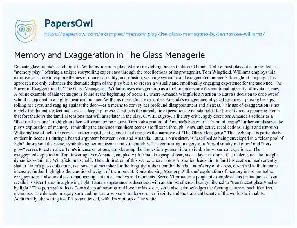 Essay on Memory Play “The Glass Menagerie” by Tennessee Williams