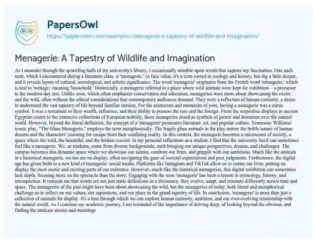Essay on Menagerie: a Tapestry of Wildlife and Imagination